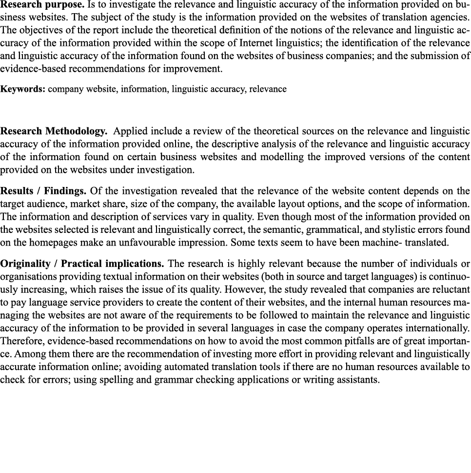 Research purpose  Is to investigate the relevance and linguistic accuracy of the information provided on business web   