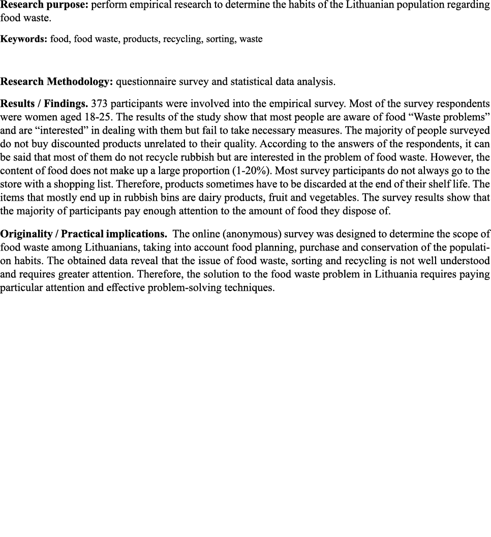Research purpose: perform empirical research to determine the habits of the Lithuanian population regarding food wast   