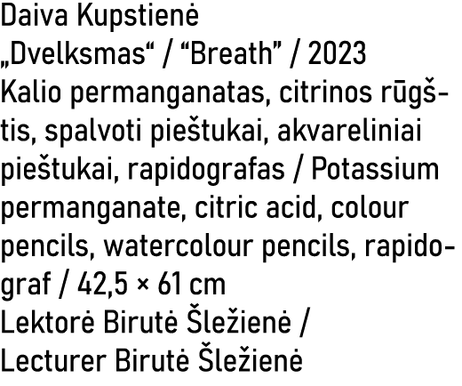 Daiva Kupstien „Dvelksmas“ / “Breath” / 2023 Kalio permanganatas, citrinos r g tis, spalvoti pie tukai, akvareliniai...