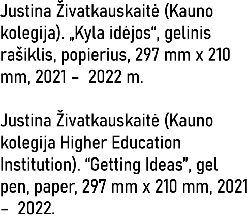 Justina Živatkauskaitė (Kauno kolegija)   Kyla idėjos , gelinis rašiklis, popierius, 297 mm x 210 mm, 2021   2022 m     