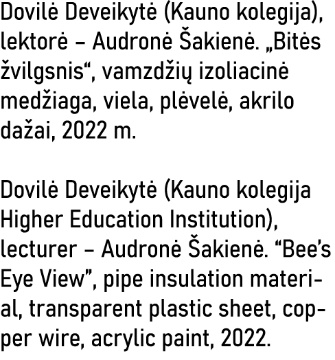 Dovilė Deveikytė (Kauno kolegija), lektorė   Audronė Šakienė   Bitės žvilgsnis , vamzdžių izoliacinė medžiaga, viela,   