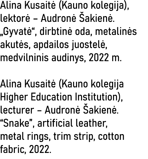 Alina Kusaitė (Kauno kolegija), lektorė   Audronė Šakienė   Gyvatė , dirbtinė oda, metalinės akutės, apdailos juostel   