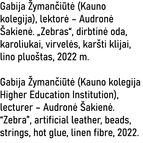 Gabija Žymančiūtė (Kauno kolegija), lektorė   Audronė Šakienė   Zebras , dirbtinė oda, karoliukai, virvelės, karšti k   