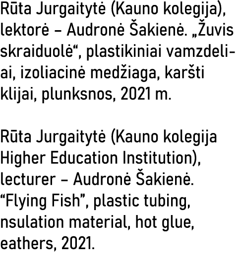 Rūta Jurgaitytė (Kauno kolegija), lektorė   Audronė Šakienė   Žuvis skraiduolė , plastikiniai vamzdeliai, izoliacinė    