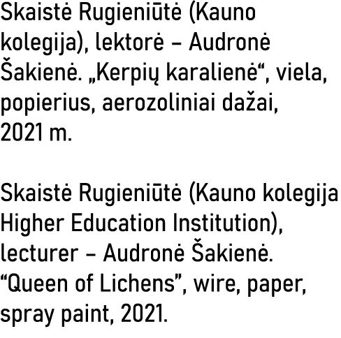 Skaistė Rugieniūtė (Kauno kolegija), lektorė   Audronė Šakienė   Kerpių karalienė , viela, popierius, aerozoliniai da   