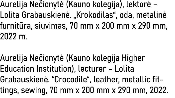 Aurelija Nečionytė (Kauno kolegija), lektorė   Lolita Grabauskienė   Krokodilas , oda, metalinė furnitūra, siuvimas,    