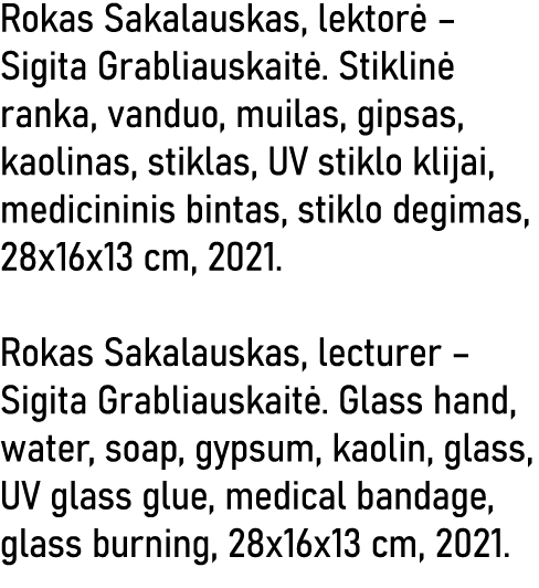 Rokas Sakalauskas, lektorė   Sigita Grabliauskaitė  Stiklinė ranka, vanduo, muilas, gipsas, kaolinas, stiklas, UV sti   