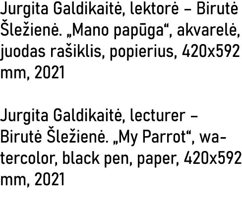 Jurgita Galdikaitė, lektorė   Birutė Šležienė   Mano papūga , akvarelė, juodas rašiklis, popierius, 420x592 mm, 2021    