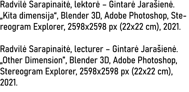 Radvilė Sarapinaitė, lektorė   Gintarė Jarašienė   Kita dimensija , Blender 3D, Adobe Photoshop, Stereogram Explorer,   