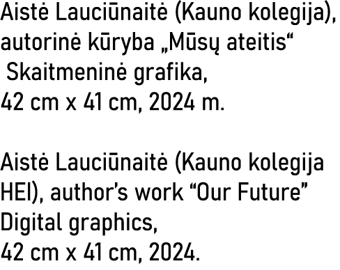 Aistė Lauciūnaitė (Kauno kolegija), autorinė kūryba  Mūsų ateitis  Skaitmeninė grafika, 42 cm x 41 cm, 2024 m  Aistė    