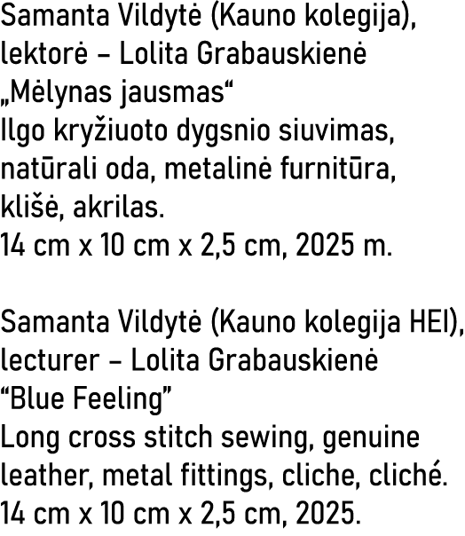 Samanta Vildytė (Kauno kolegija), lektorė   Lolita Grabauskienė  Mėlynas jausmas  Ilgo kryžiuoto dygsnio siuvimas, na   