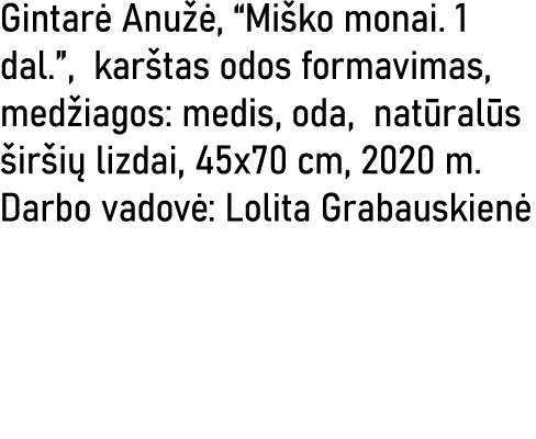 Gintarė Anužė,  Miško monai  1 dal  , karštas odos formavimas, medžiagos: medis, oda, natūralūs širšių lizdai, 45x70    