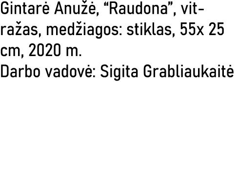 Gintarė Anužė,  Raudona , vitražas, medžiagos: stiklas, 55x 25 cm, 2020 m  Darbo vadovė: Sigita Grabliaukaitė