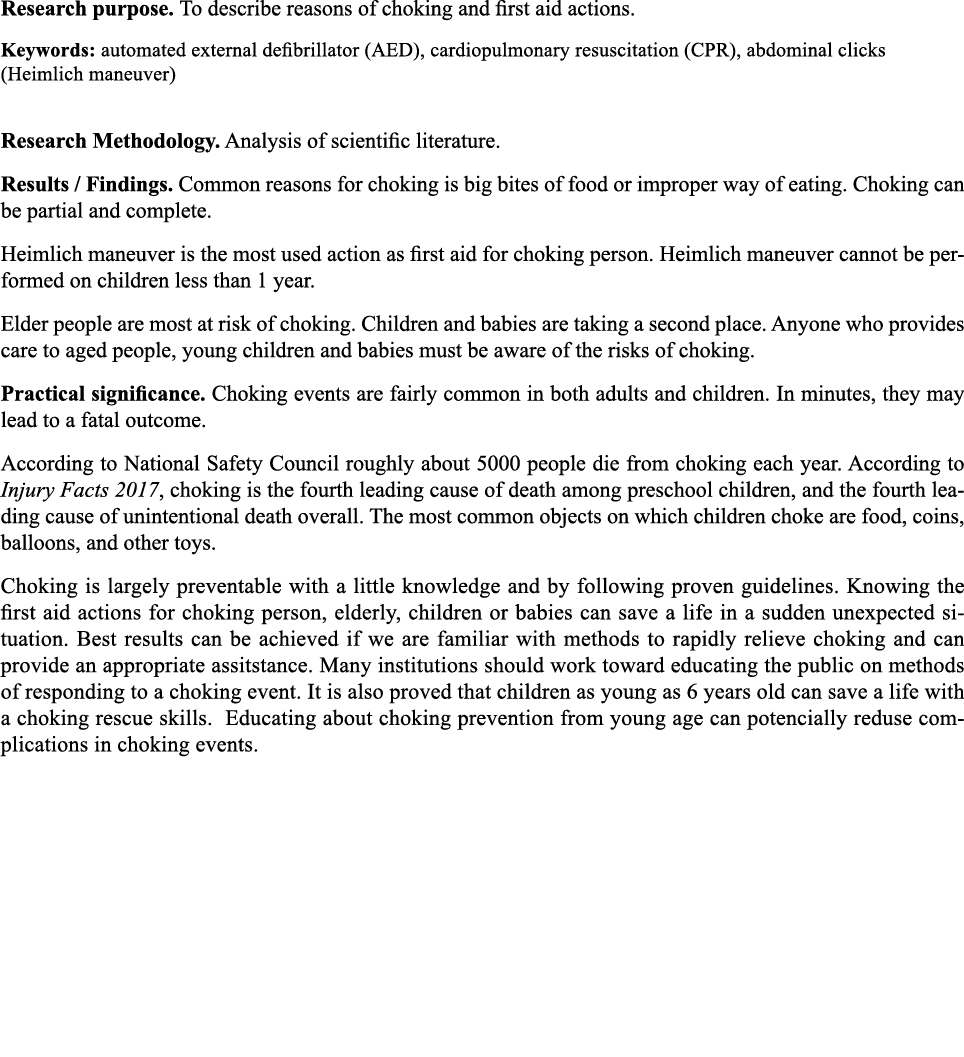 Research purpose  To describe reasons of choking and first aid actions  Keywords: automated external defibrillator (A   